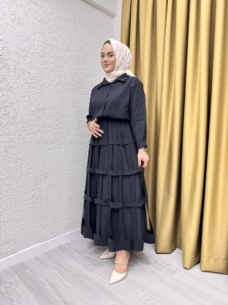CEREMONY 4114 YAKASI BÜZGÜLÜ KETEN DİJİTAL KISA BLUZ PASION KAFES DETAYLI DUBAI ETEK TAKIM SİYAH