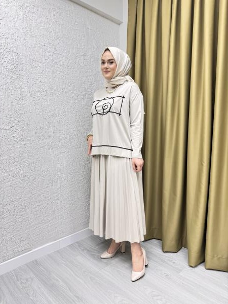 CEREMONY 5930 TUNİĞİNİN ÖNÜ İP DAİRE VE DUBAI DETAY BAMBU PLİSELİ ETEKLİ TAKIM BEJ