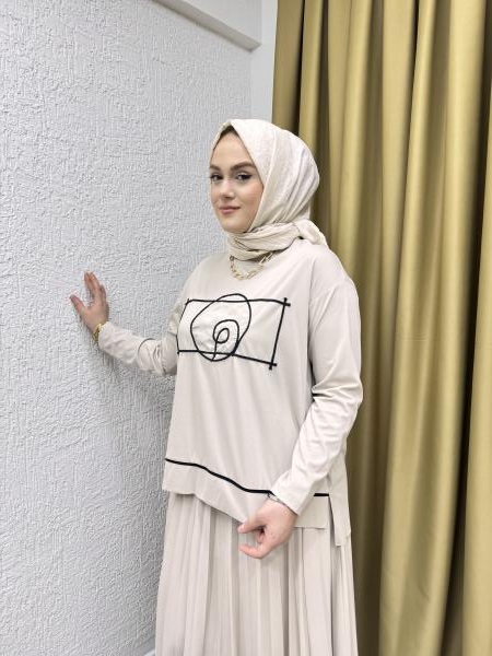 CEREMONY 5930 TUNİĞİNİN ÖNÜ İP DAİRE VE DUBAI DETAY BAMBU PLİSELİ ETEKLİ TAKIM BEJ