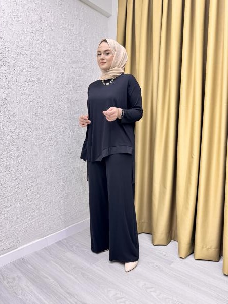 CEREMONY 5920 TUNİĞİ BÜZGÜ İP VE DUBAI DETAY BOL PAÇA PANTOLON TAKIM SİYAH