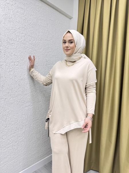 CEREMONY 5920 TUNİĞİ BÜZGÜ İP VE DUBAI DETAY BOL PAÇA PANTOLON TAKIM BEJ