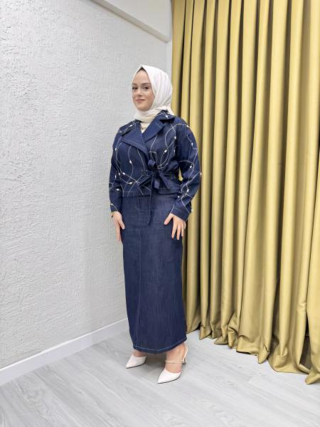 CEREMONY 1515 DENİZKABUKLU DENIM CEKET ETEK TAKIM LACİVERT