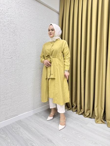 CEREMONY 5126 İÇTEN GEÇİRME KEMERLİ ÖNDEN DÜĞME VE KAT KAT DETAYLI UZUN PASION TUNİK AMBER