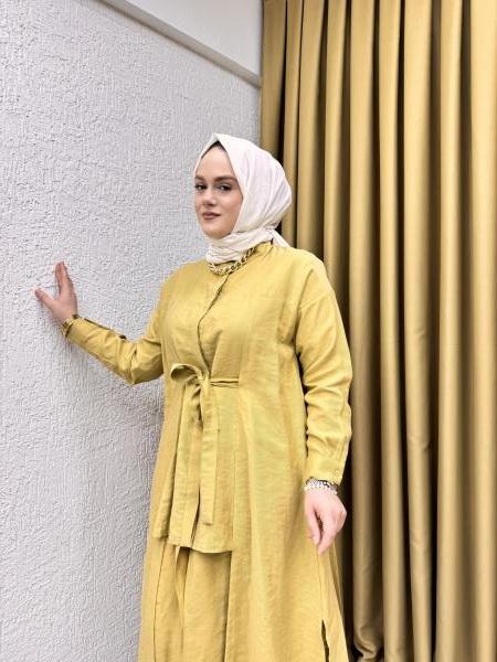 CEREMONY 5126 İÇTEN GEÇİRME KEMERLİ ÖNDEN DÜĞME VE KAT KAT DETAYLI UZUN PASION TUNİK AMBER