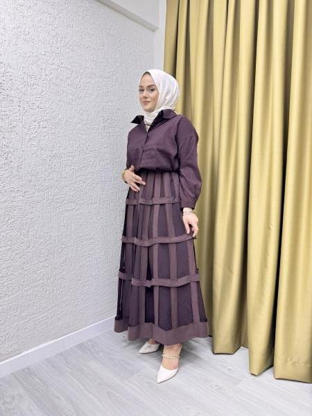 CEREMONY 4114 YAKASI BÜZGÜLÜ KETEN DİJİTAL KISA BLUZ PASION KAFES DETAYLI DUBAI ETEK TAKIM KAHVERENGİ
