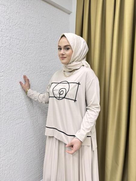 CEREMONY 5930 TUNİĞİNİN ÖNÜ İP DAİRE VE DUBAI DETAY BAMBU PLİSELİ ETEKLİ TAKIM BEJ