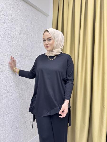 CEREMONY 5920 TUNİĞİ BÜZGÜ İP VE DUBAI DETAY BOL PAÇA PANTOLON TAKIM SİYAH