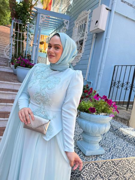 TUAY 4478 KREP ABİYE ELBİSE MAVİ
