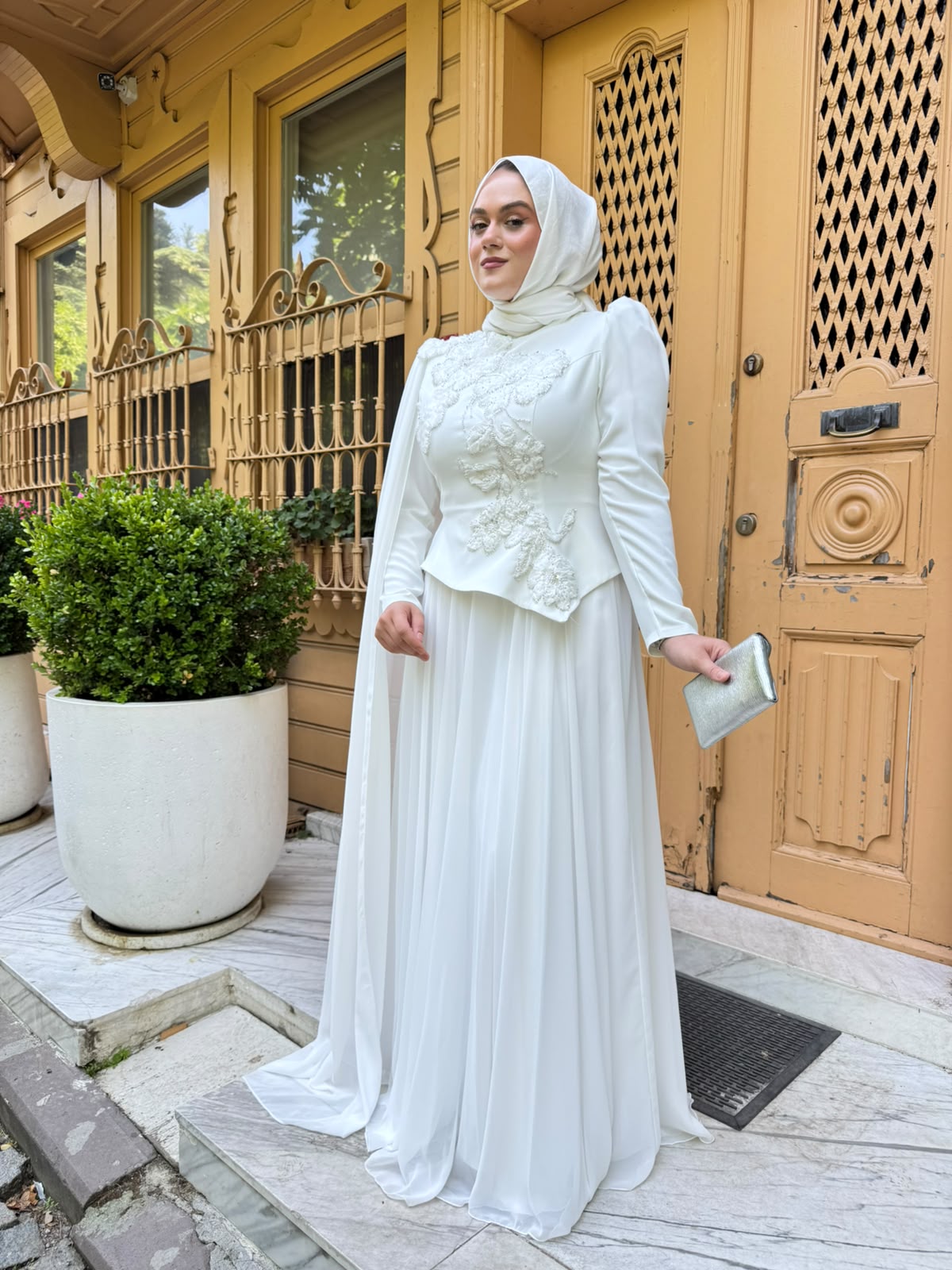 TUAY 4478 KREP ABİYE ELBİSE BEYAZ