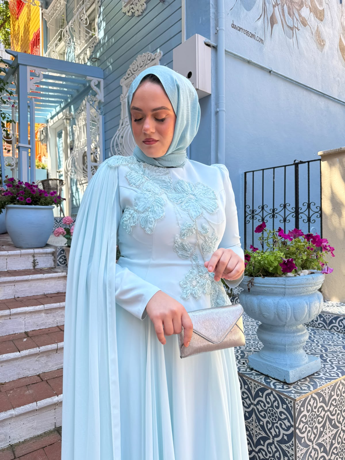 TUAY 4478 KREP ABİYE ELBİSE MAVİ
